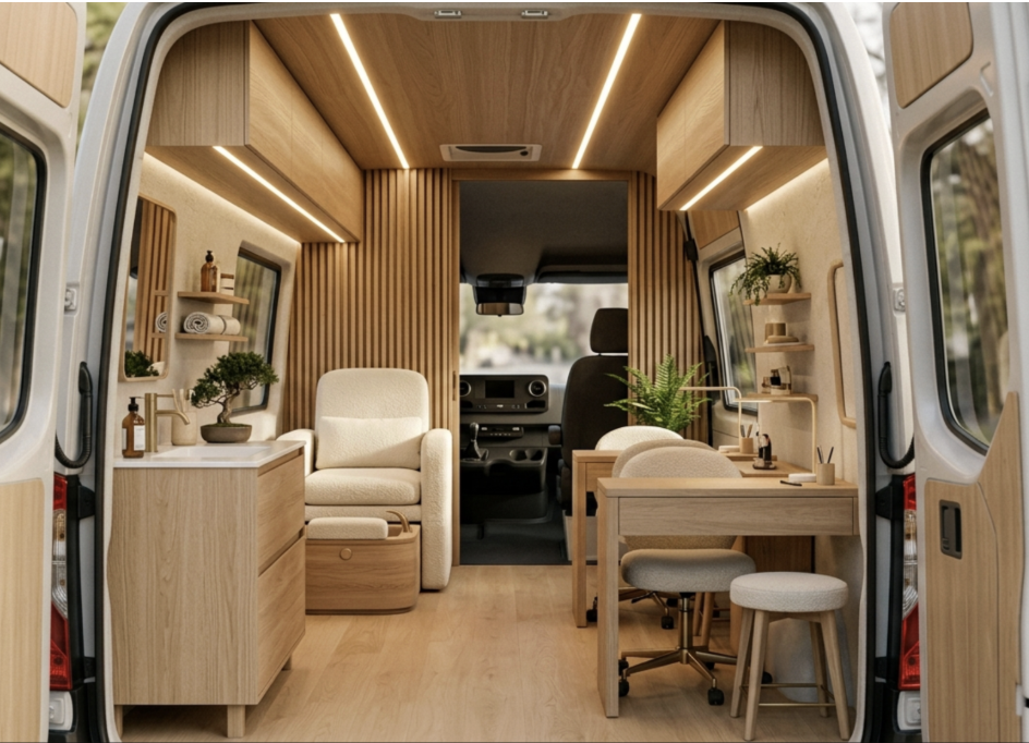 Interior of the Glow-Up mobile beauty van